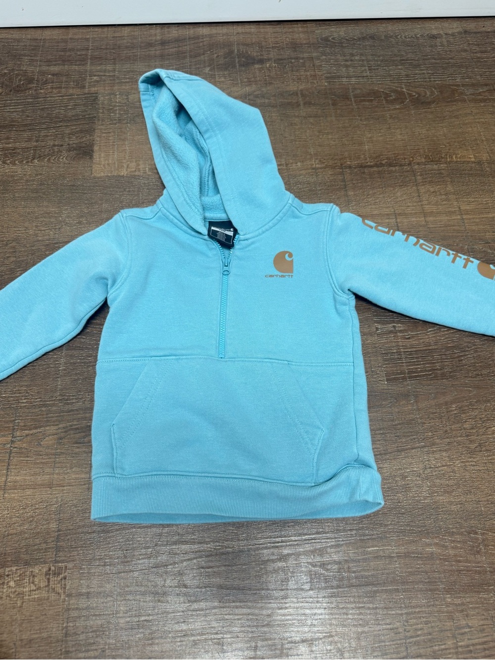 Carhartt Kids Light Aqua Blue Half-Zip Hoodie with Tan Logo